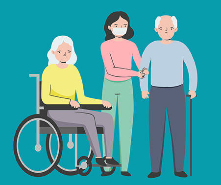 Titelbild der Spendenkampagne Vergissmeinnicht 2020: Zeichnung einer Frau im Rollstuhl, eines älteren Herrn und einer Pflegerin mit Maske.