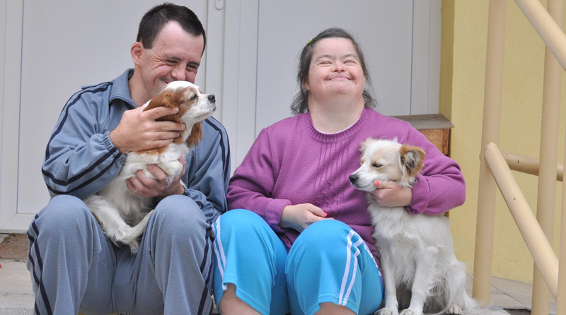 Partnervermittlung Schatzkiste für Menschen mit Behinderung: Ein Mann und eine Frau mit Hunden.
